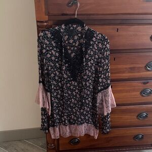 Anna Sui Black Floral V-Neck Blouse with Pink Lace Trim